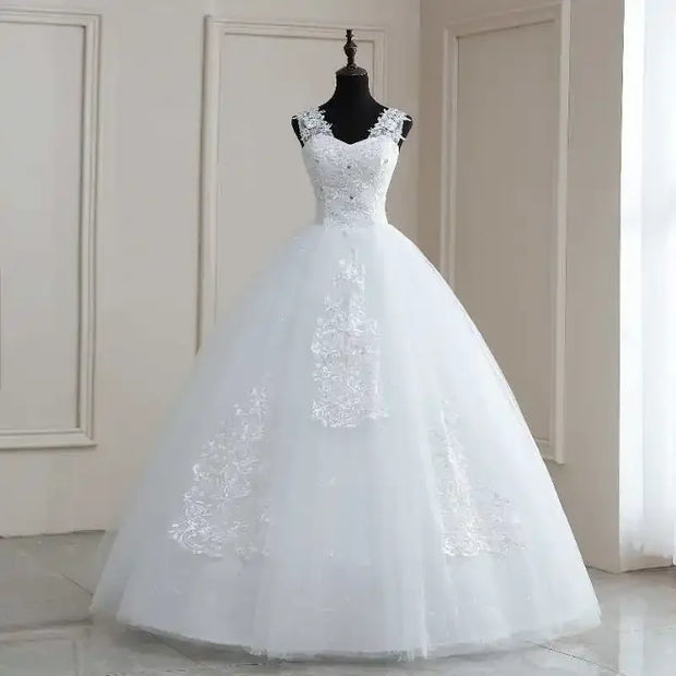 V Neck Long Train or Floor Length Appliqes Tulle  A Line Wedding Dress