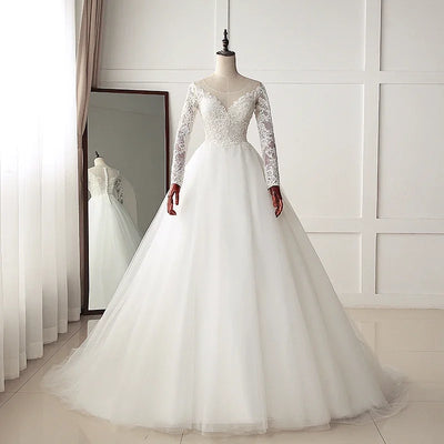 Vintage Long Sleeve Round Neck A-Line Wedding Dress