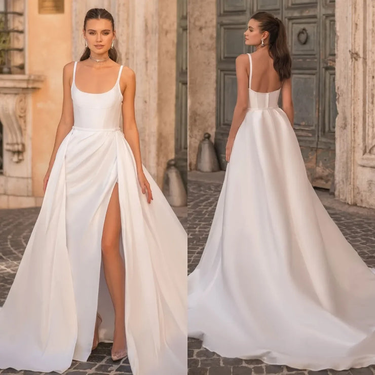 Spaghetti Strap Thigh Slit A-Line Wedding Dress