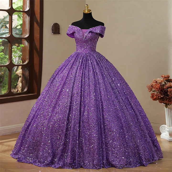 Off Shoulder Sequined Purple Quinceanera Dress