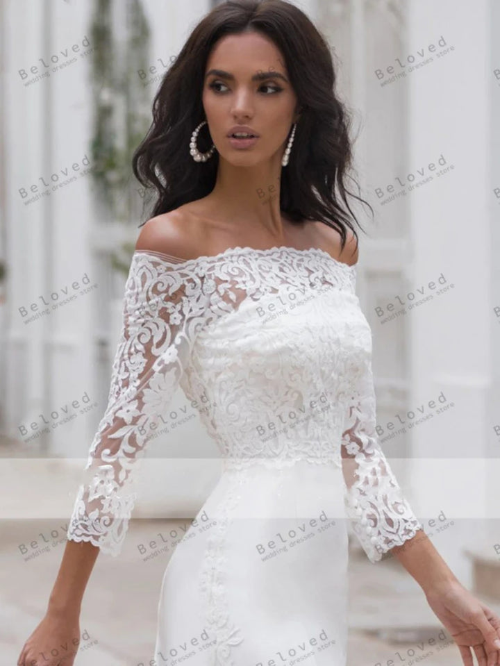 Boat Neck Three Quarter Sleeves Mermaid Wedding Dress