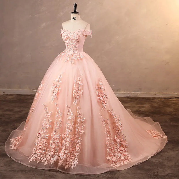 Sweet Flower Ball Gown With Tail A-line Wedding Dress