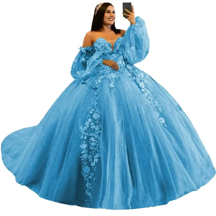 Puffy Sleeve Quinceanera Dresses Ball Gown 3D Floral with Train