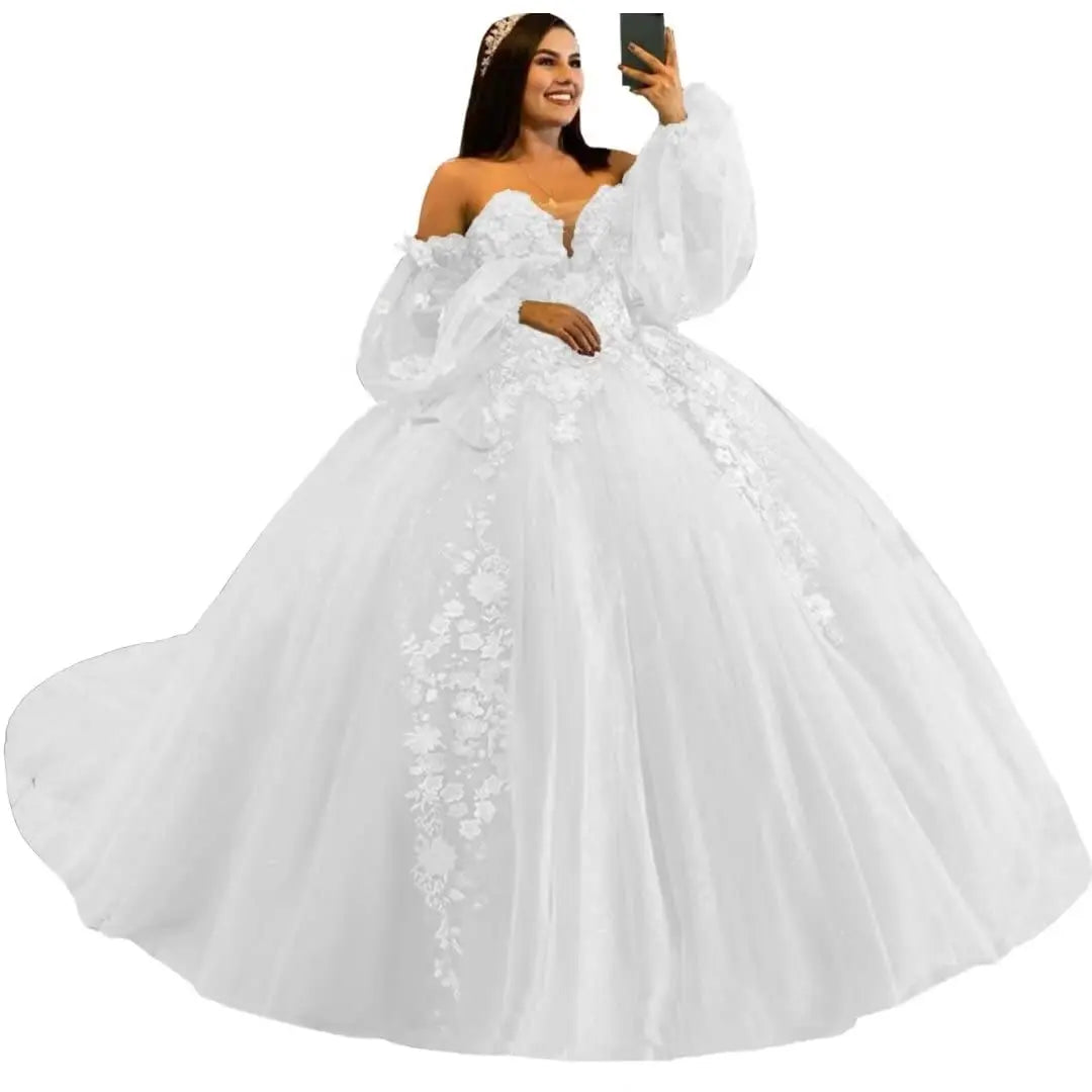 Puffy Sleeve Quinceanera Dresses Ball Gown 3D Floral with Train