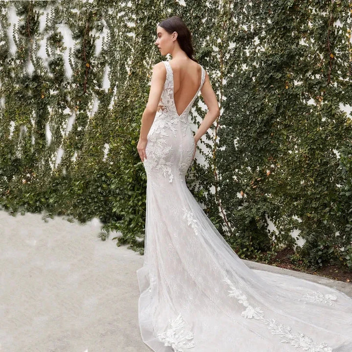 Backless Embroidered Mermaid Wedding Dress