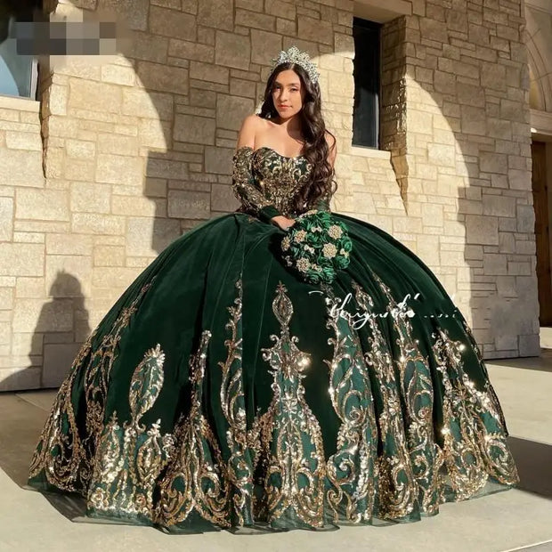 Emerald Green Applique lace-up corset Quinceanera Dress