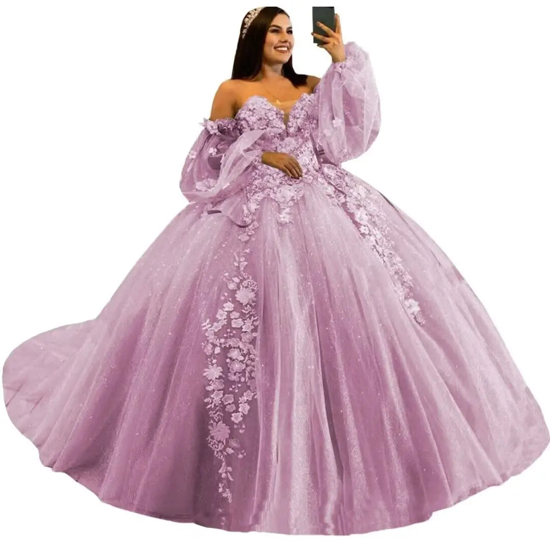 Puffy Sleeve Quinceanera Dresses Ball Gown 3D Floral with Train