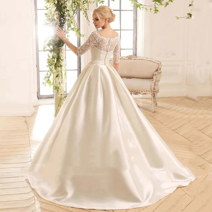 Elegant Satin Round Neck Seven-point Sleeves A-Line Wedding Dress