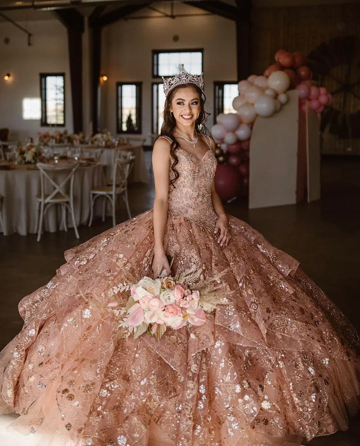 Sequins Beads Sleeveless Quinceanera Dress