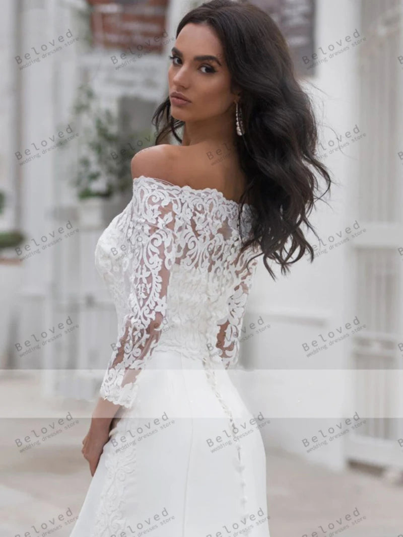 Boat Neck Three Quarter Sleeves Mermaid Wedding Dress