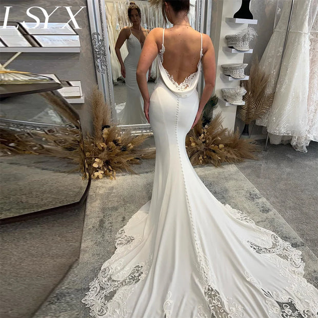 Deep V-Neck Sleeveless Backless  Spaghetti Straps Mermaid Wedding  Dress