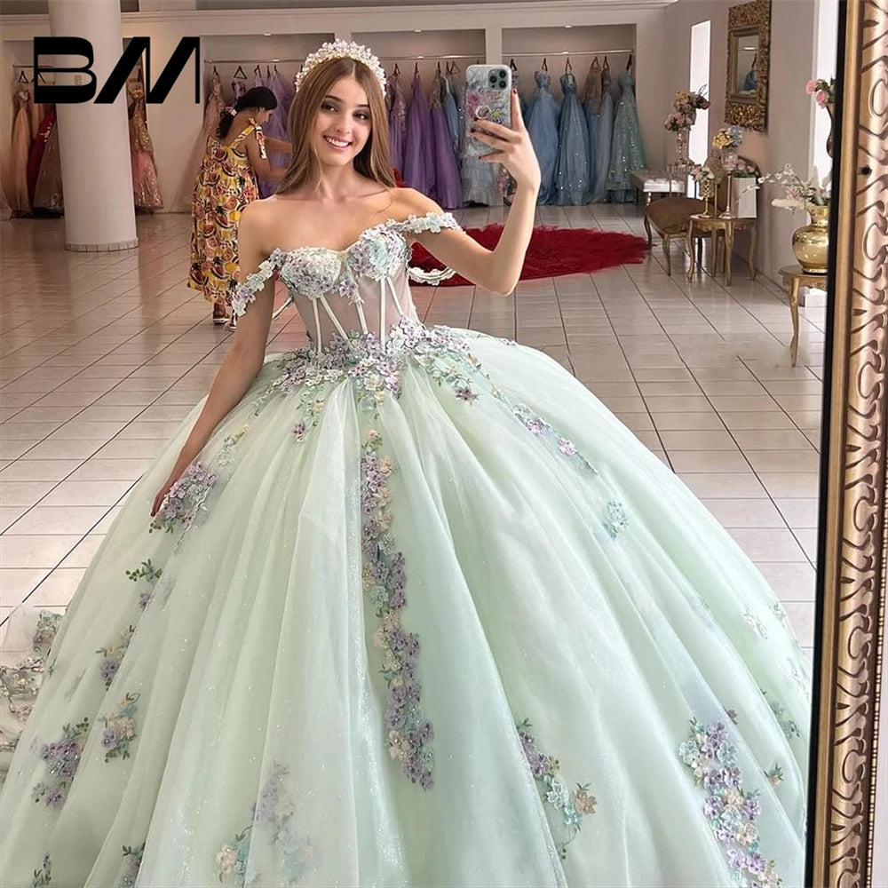 Puffy Beaded  Lace  Off  Shoulder Quinceanera Dress