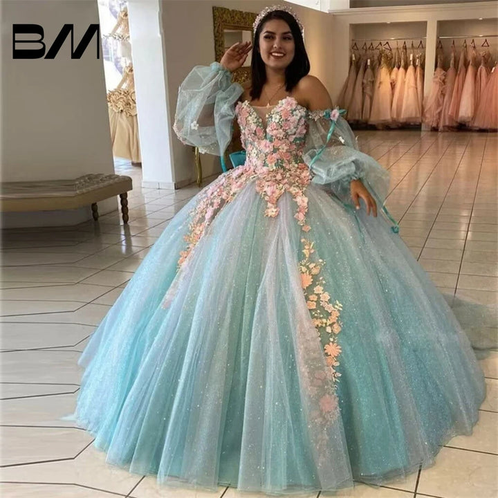 Puffy Sleeve Quinceanera Dresses Ball Gown 3D Floral with Train