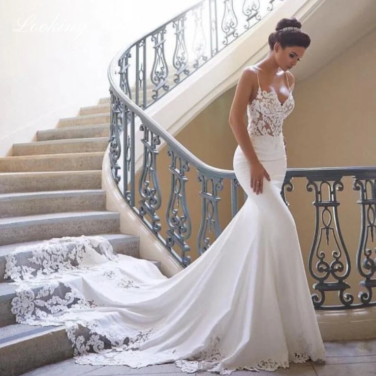 Modern Lace Satin Long Sweep Train Mermaid Wedding Dress