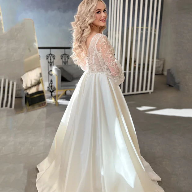 Princess Lace Applique Puffy Long Sleeve A-Line Wedding Dress