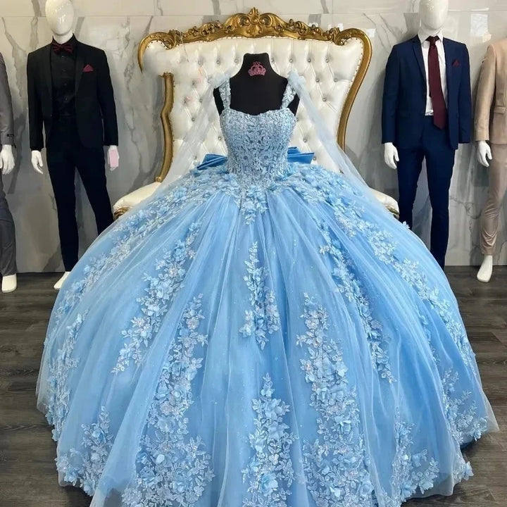 Glittering 3D Flowers Quinceanera Dresses with Big Bow