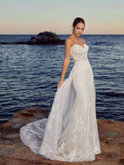 Beach  Mermaid Wedding Dress Sleeveless and Backless  With Detachable Train