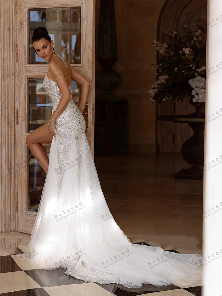 Elegant Sheath Sleeveless Sexy Backless Glitter Mermaid Wedding Dress