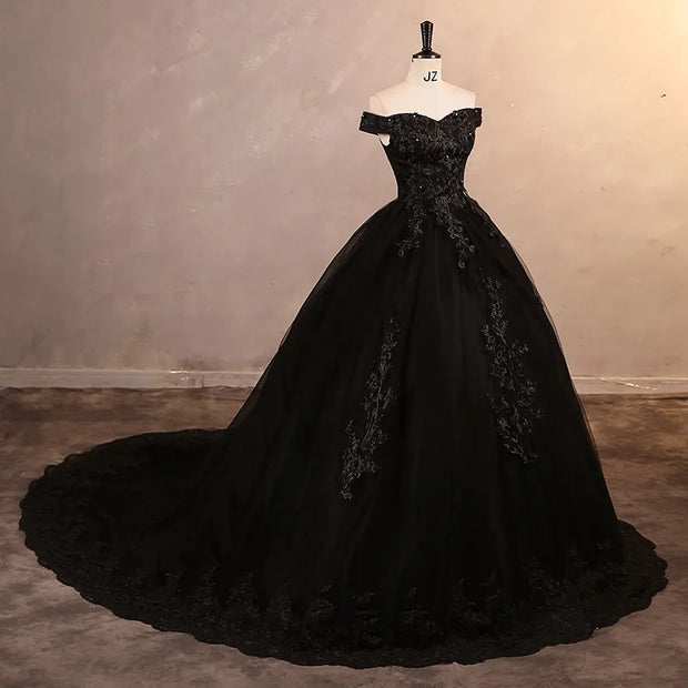 Black Elegant Off The Shoulder A-line Wedding Dress