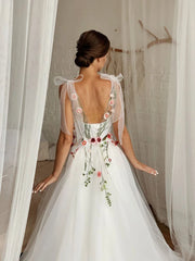 Embroidered Floral Lace Up A-Line Wedding Dress