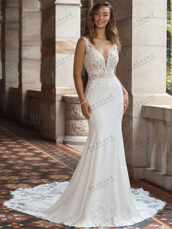 Lace Appliques Deep V-Neck Sheath Mermaid Wedding Dress