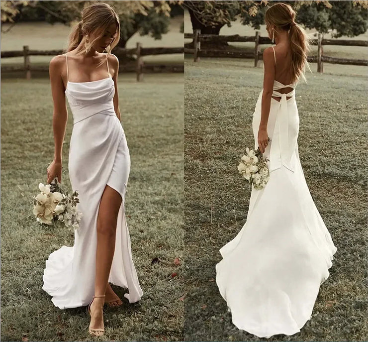 Elegant mermaid square collar Princess Wedding dress Sexy backless side slit Italian strap floor length bridal party dress