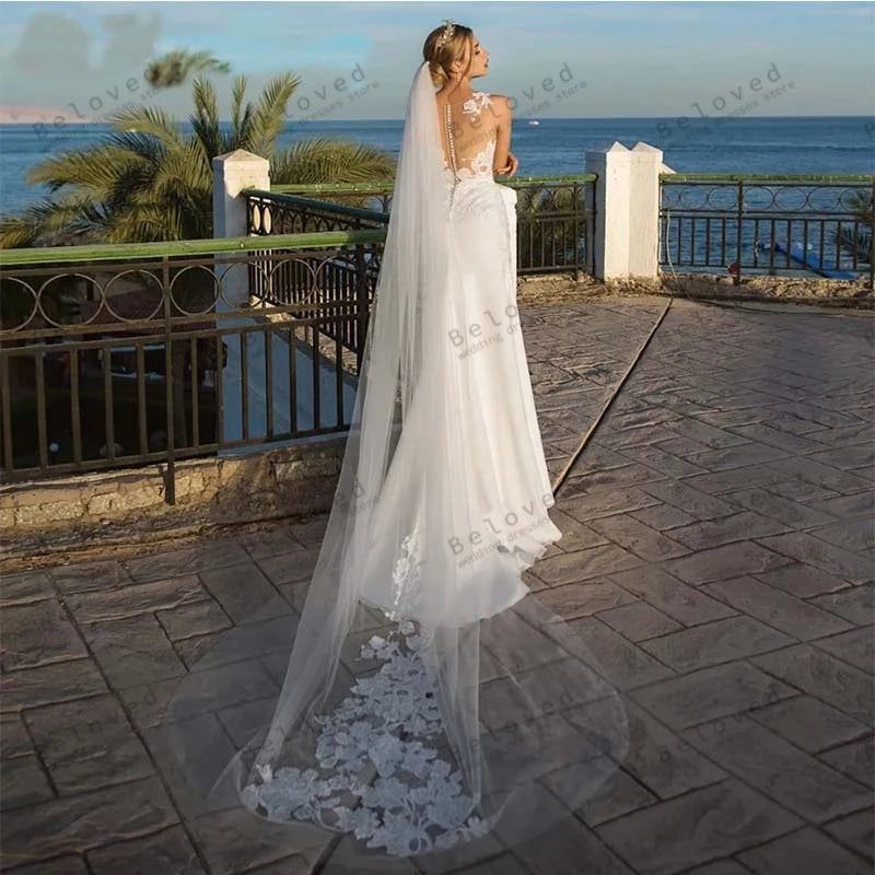 Lace Appliques Sleeveless High Slit Mermaid Wedding Dress