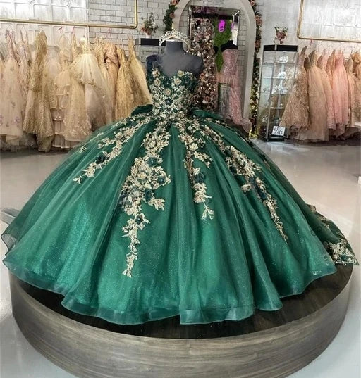 Vintage Green Light Gold Appliques 3D Flowers Quinceanera Dress