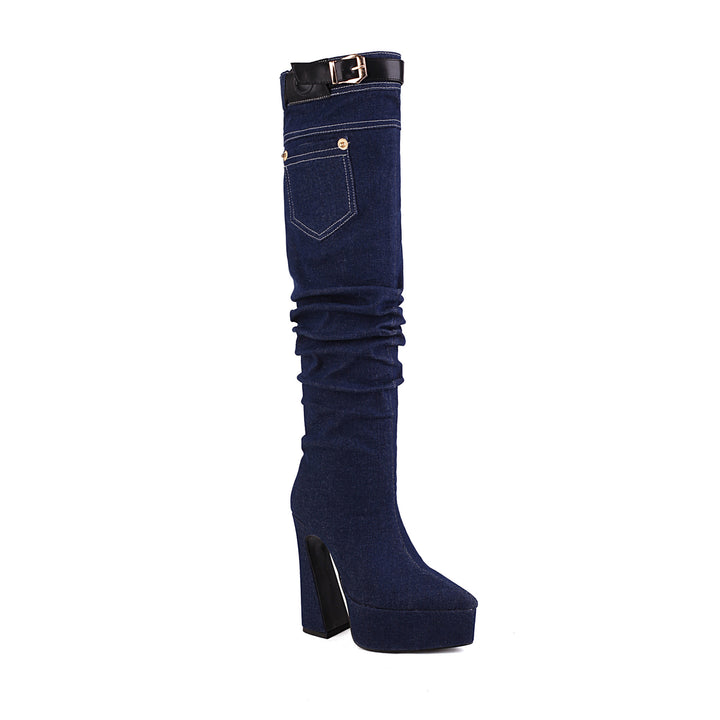 Women's Pointed Toe Platform Chunky Heel Denim Straight Over Knee Boots