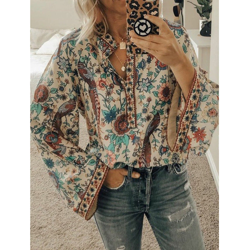 Peacock Print Loose Long Sleeve Boho Shirt