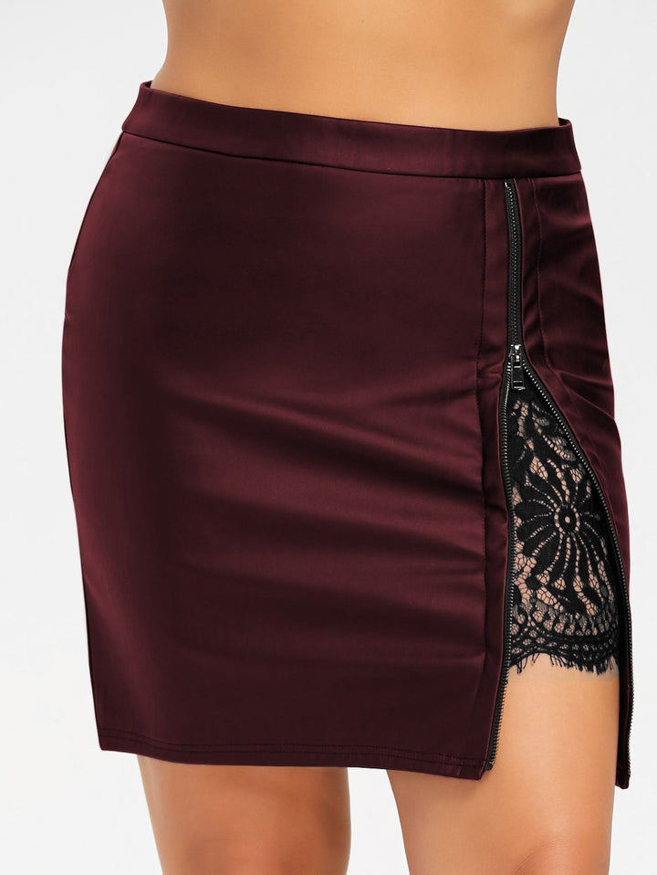 Lace Stitching Half Waist Leather Skirt