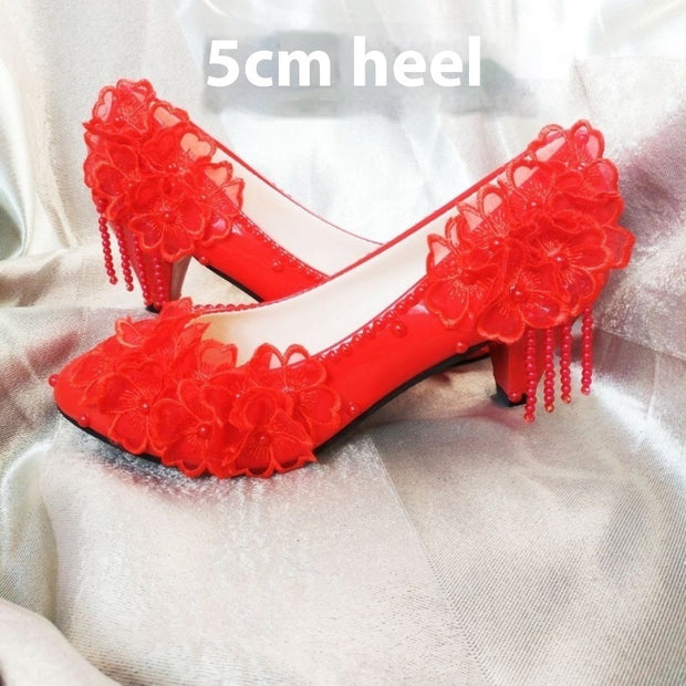 Rhinestone Lace, Flower Tassel High Heels