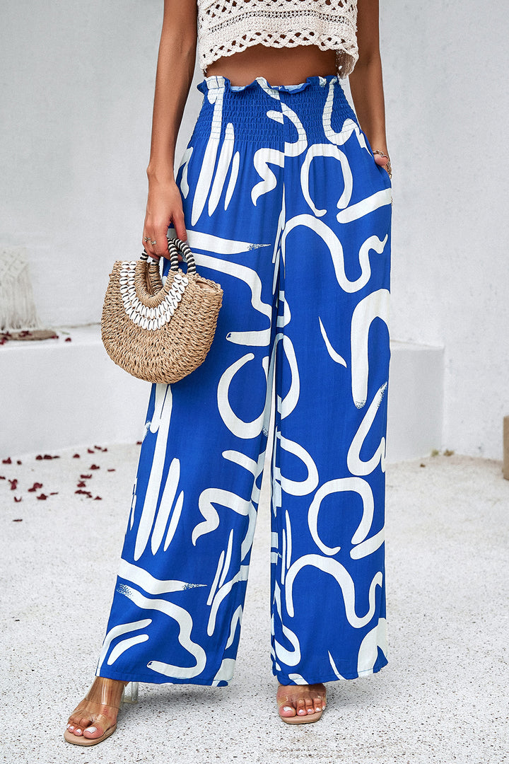 Smocked Printed Wide Leg Pants with Pockets