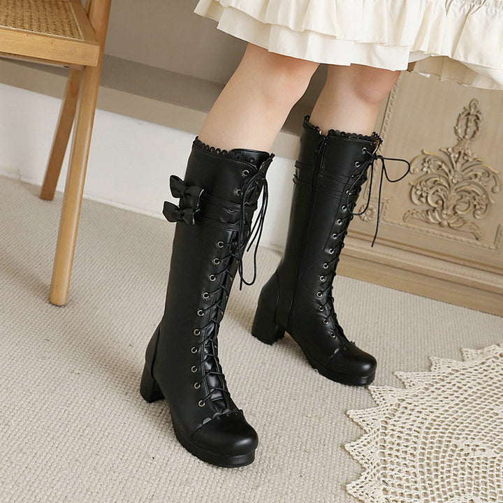 Lolita Round Head Thick High Heel Knee High Boots