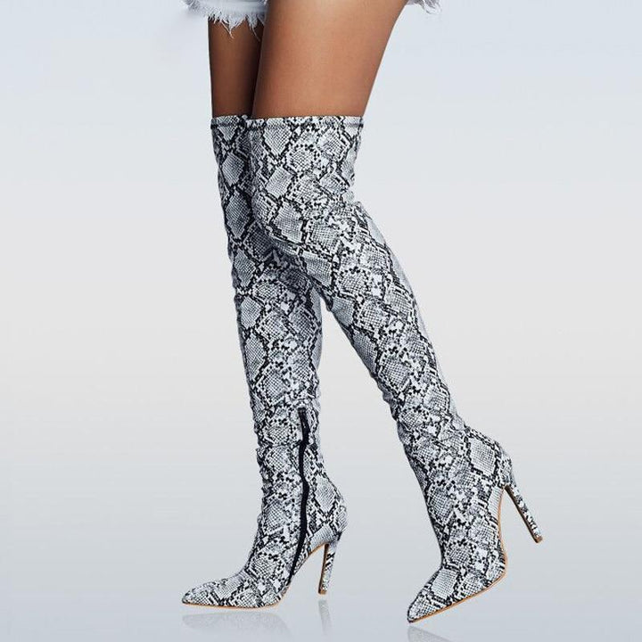 Snake Skin Print Pointed Toe Stiletto Over The Knee Boots