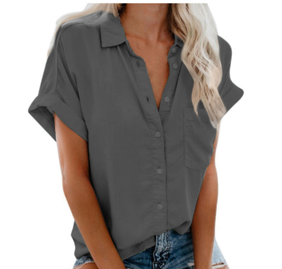 Short Sleeve Ladies Lapel Button Button Shirt Top