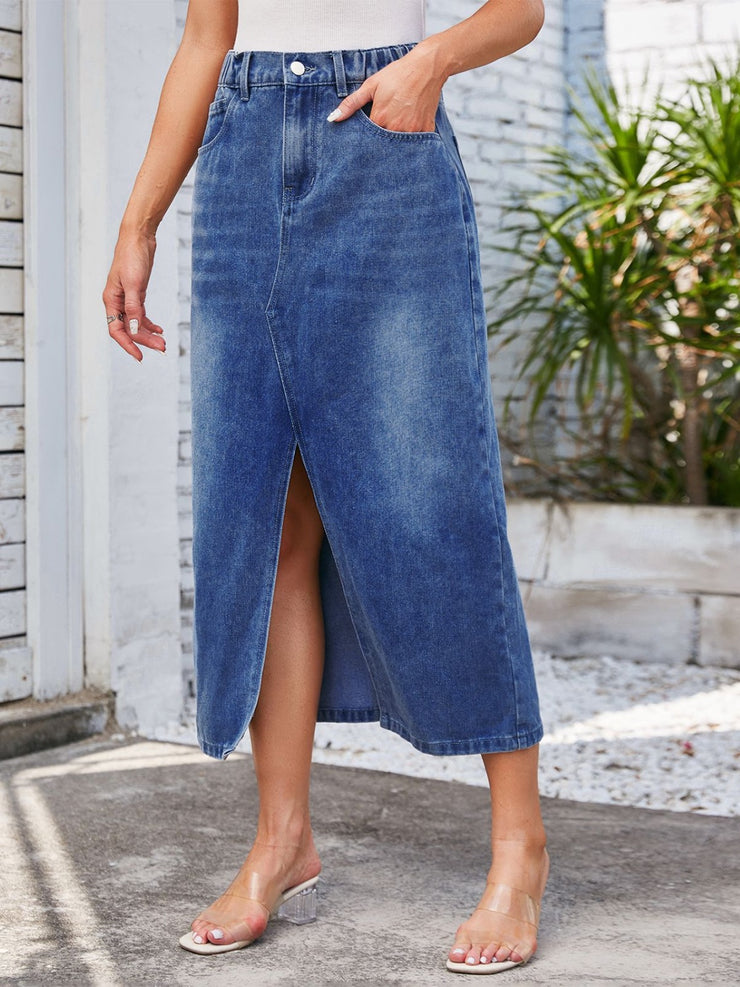 Slit Midi Denim Skirt with Pockets