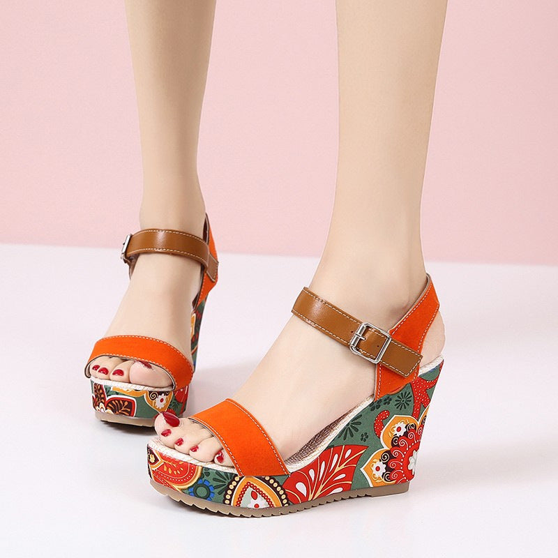 Flowers Embroidered High Wedge Sandals