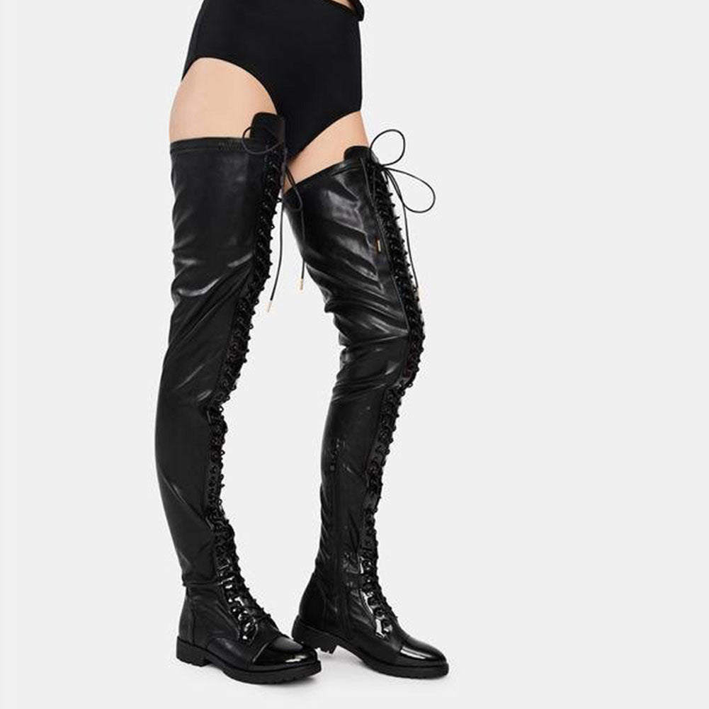 Lace-up Side Zip Low Heel Over The Knee Leather Boots