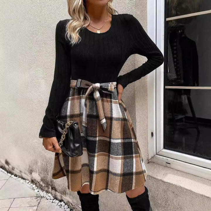 Stripe Stitching Plaid Lace-up Skirt