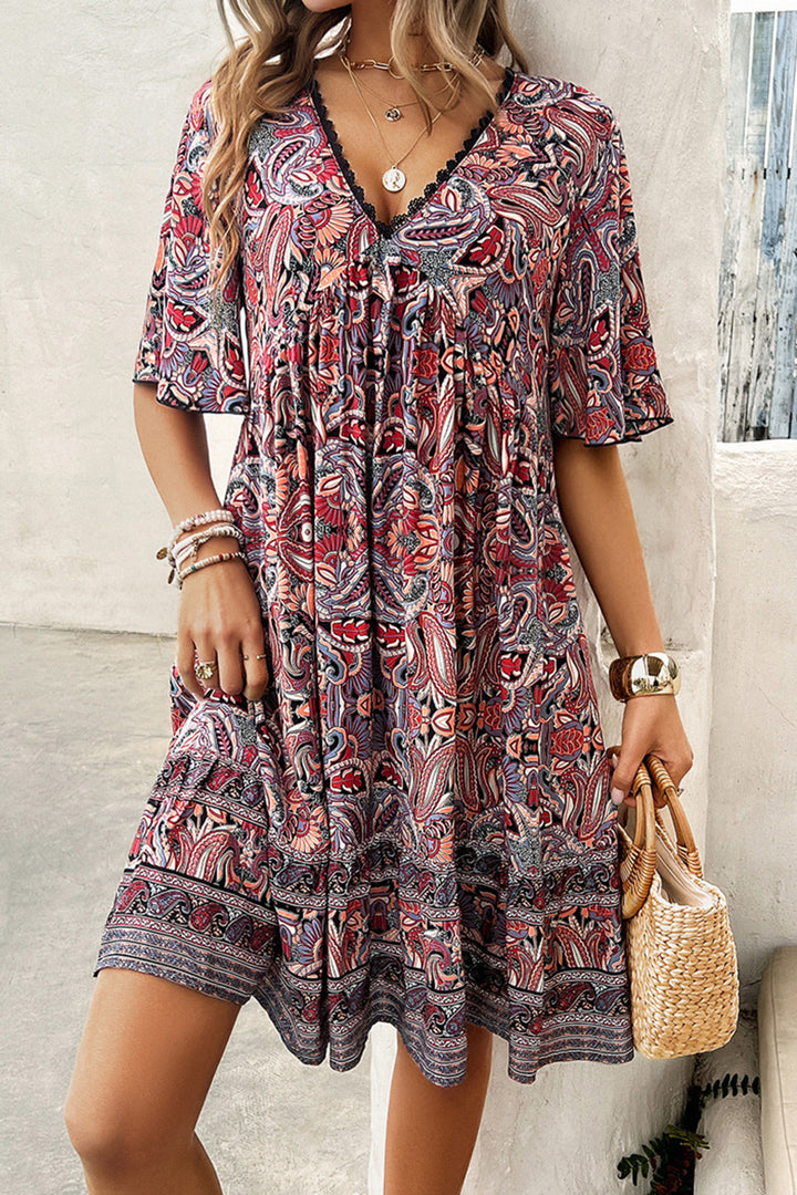 Printed V-Neck Half Sleeve Mini Dress