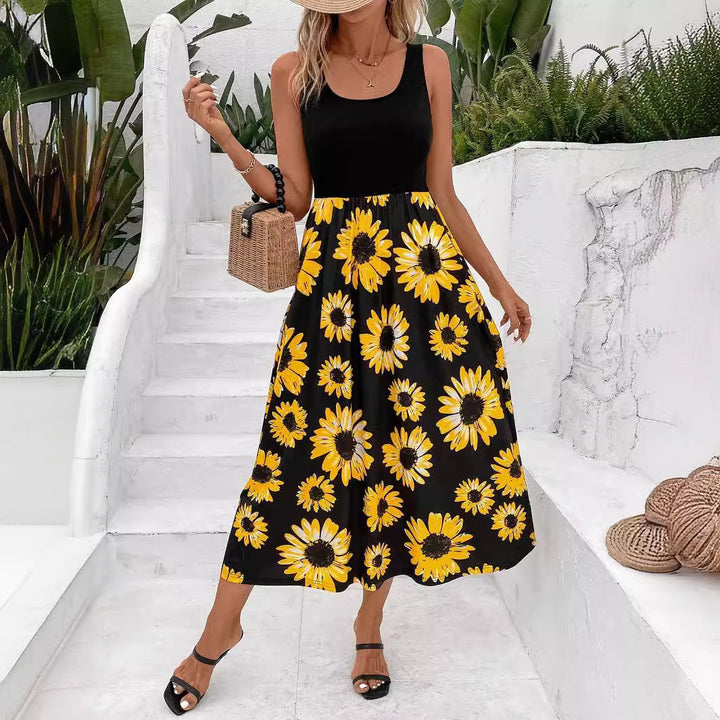 Elegant Stitching Sunflower Print Skirt