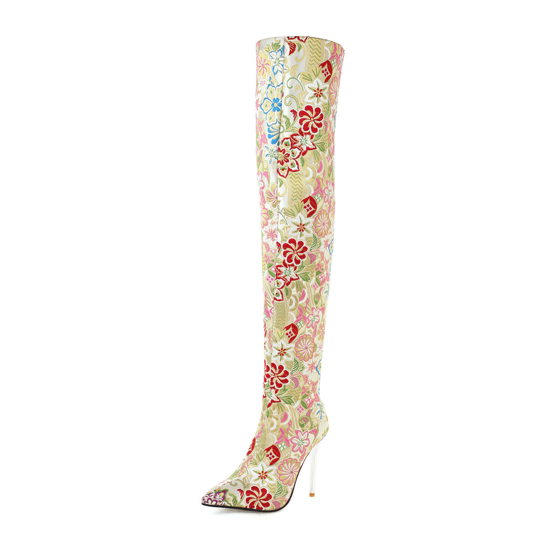 Pointed-toe Embroidered Stiletto Back Zip Over-the-knee Boots