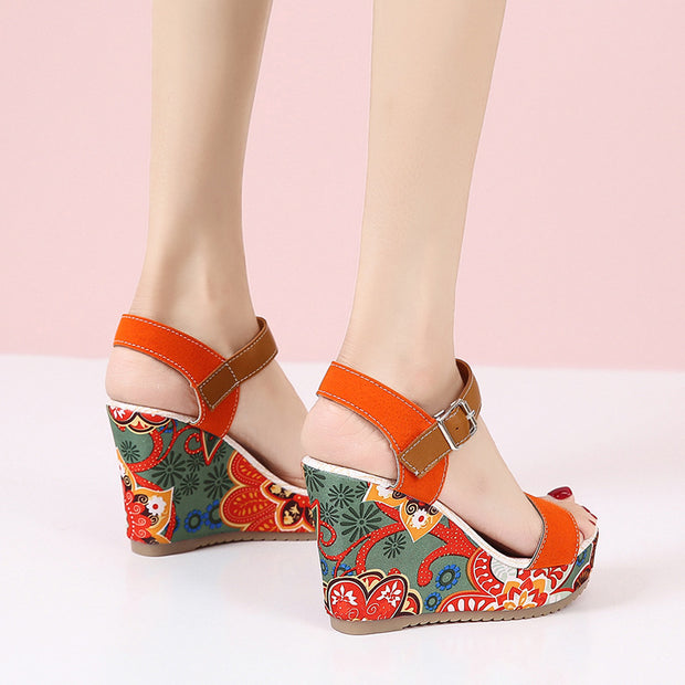 Flowers Embroidered High Wedge Sandals