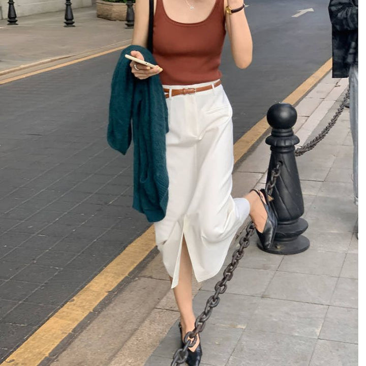 High Waist Pure Color Slit Skirt