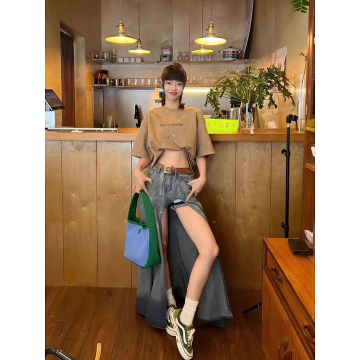 Gradient High Waist Slit Denim Skirt