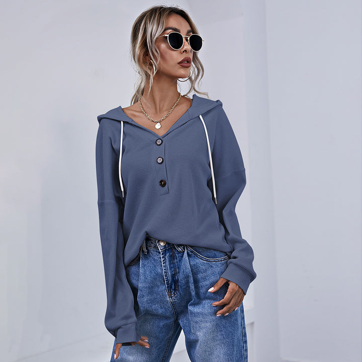 Women's Hooded Shirt Button Long Sleeve Top