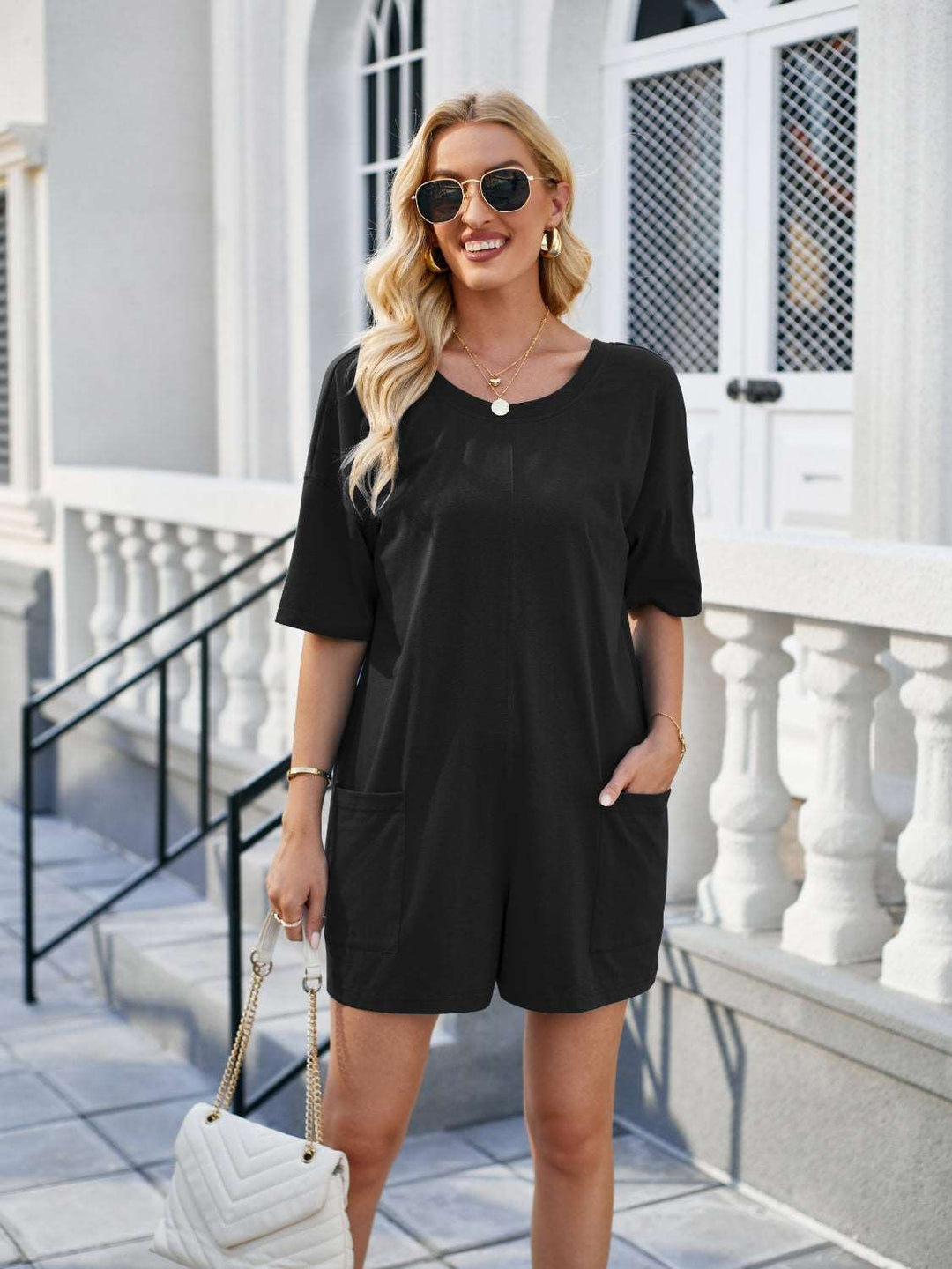 Backless Pocketed Round Neck Half Sleeve Romper