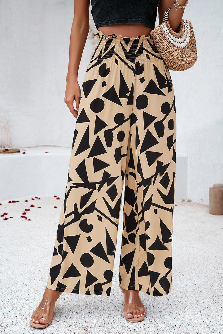 Smocked Printed Wide Leg Pants with Pockets