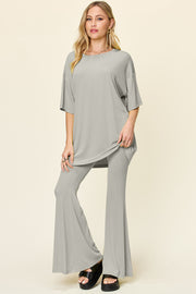 Double Take Full Size Round Neck Drop Shoulder T-Shirt and Flare Pants Set